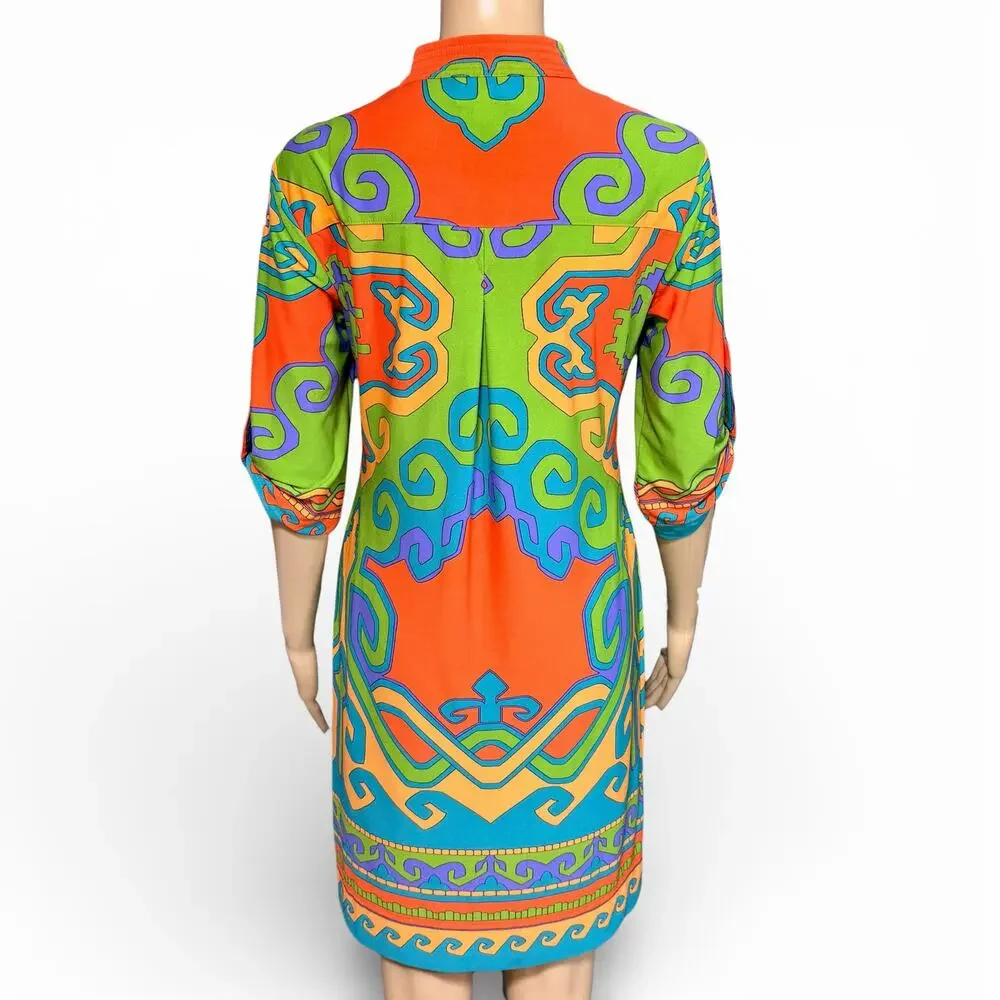 Donna Morgan Womens Tunic Shift Dress Retro Geo Print Pullover Green Orange Sz 6